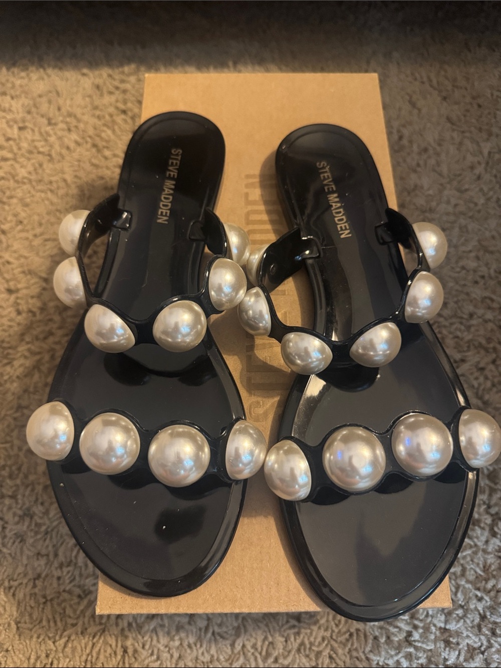 Steve Madden Black Jelly Slides with Pearl Accents, sz 8